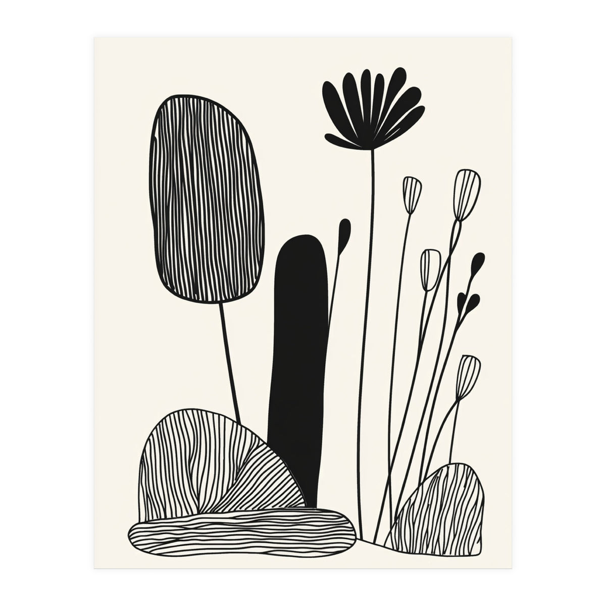 Abstract Black And White Botanical Illustration With Organic Shapes (Print Only)