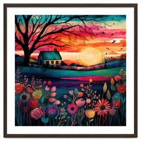 Watercolor Folk Art Sunset Landscape