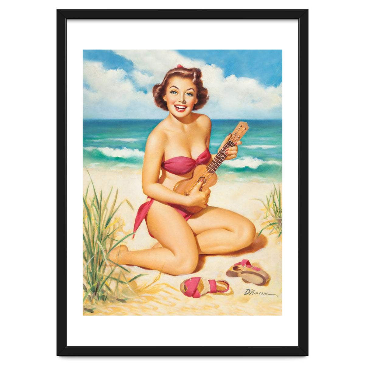 Pinup Girl Playing Ukulele On The Beach
