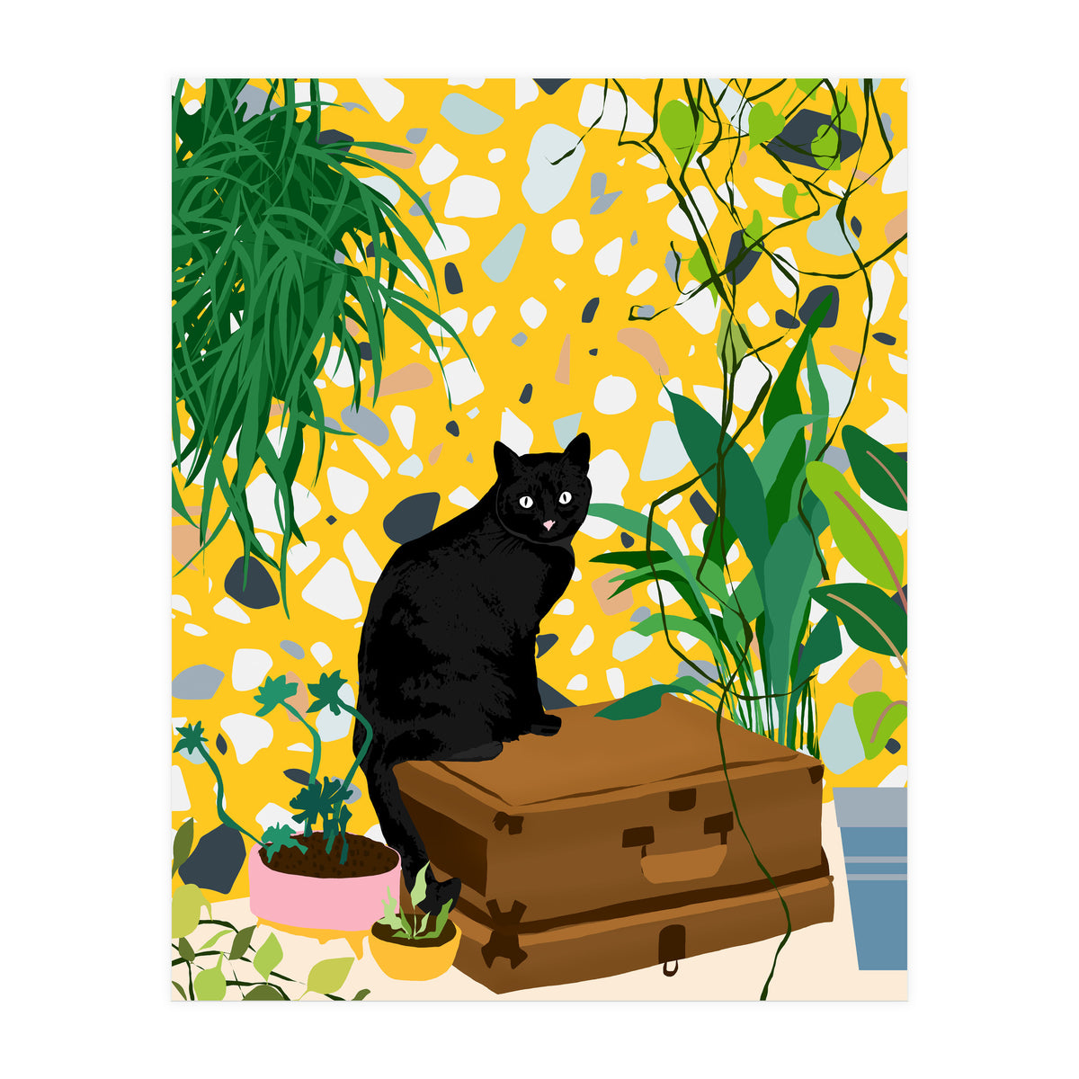 Urban Jungle Cat, Black Cats Pets Terrazzo Decor, Whimsical Bohemian Animals Illustration, Eclectic Quirky Travel (Print Only)