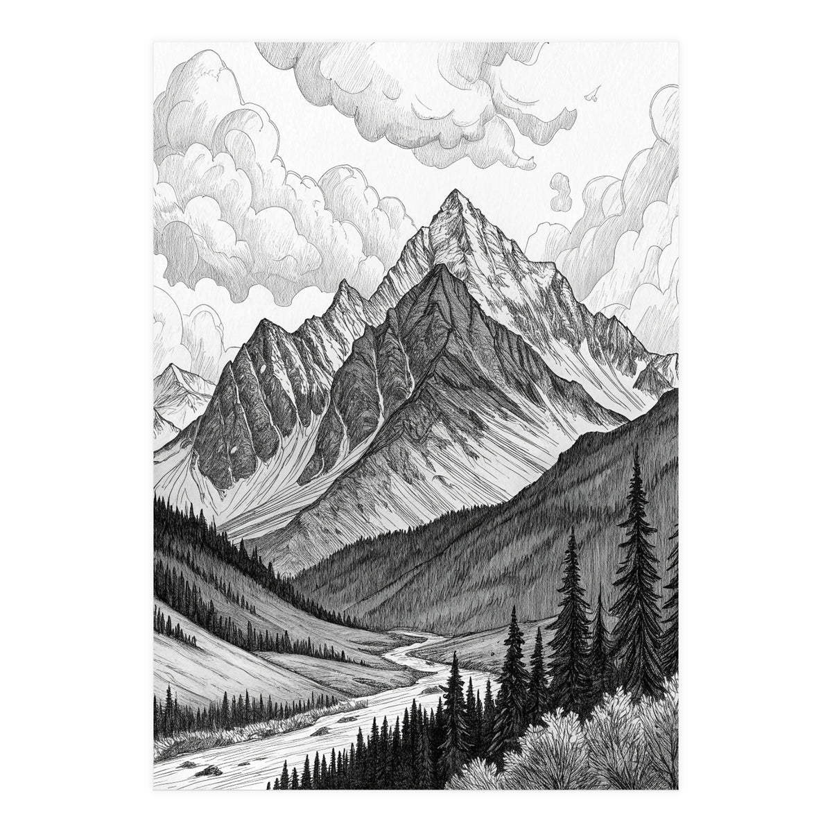 Majestic Alpine Mountain Range Sketch (Print Only)