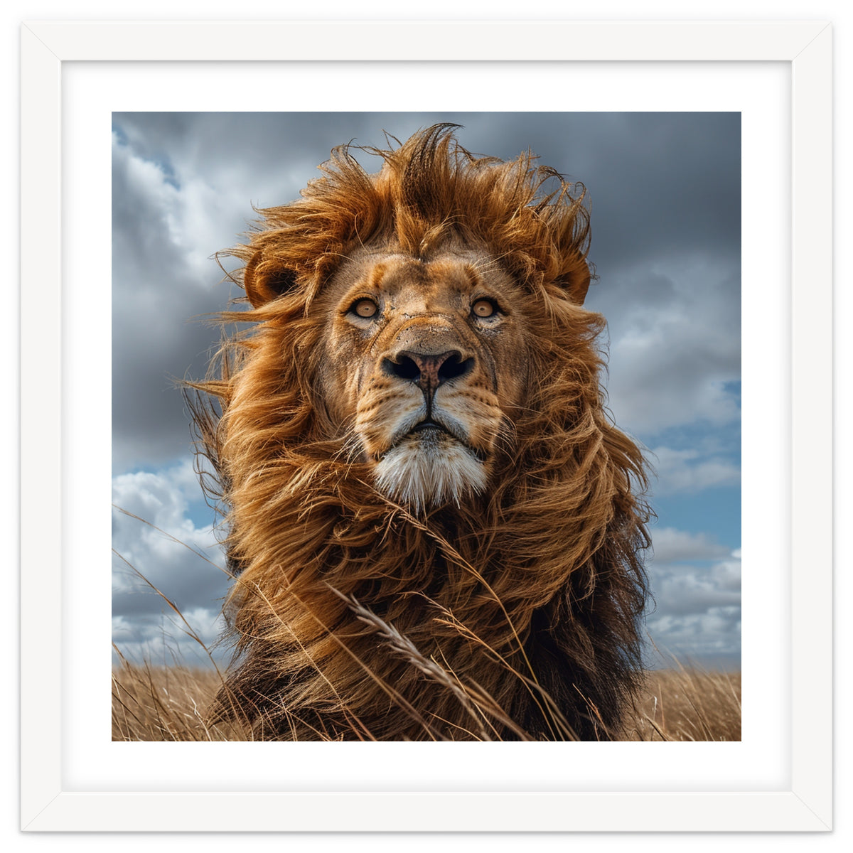 Majestic Lion Portrait Windblown Mane Outdoors