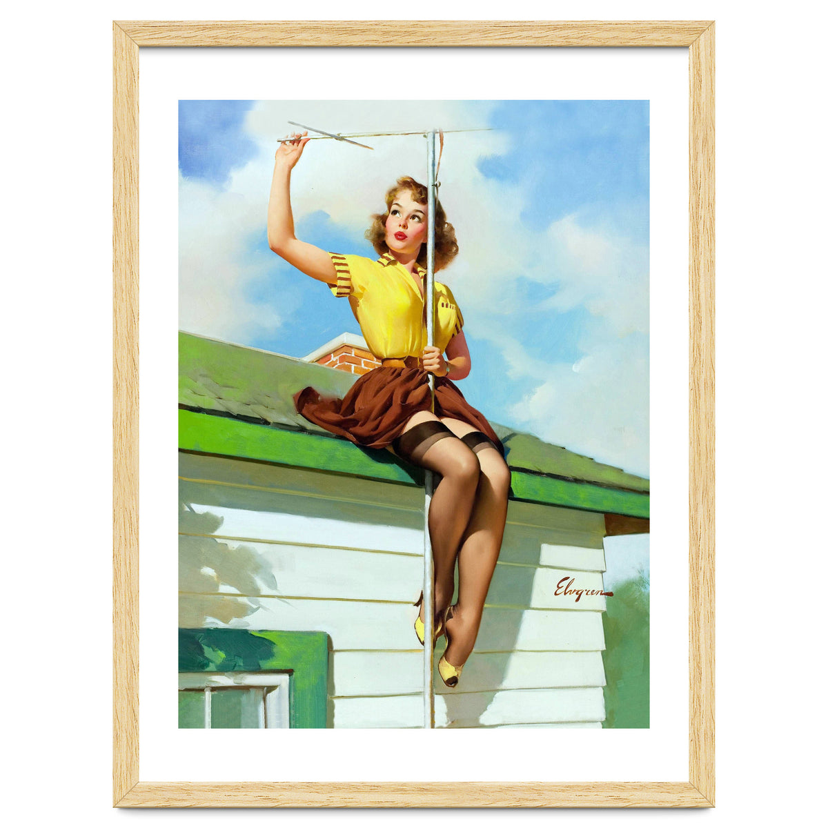 Pinup Sexy Girl Setting Up The Antenna On The Roof