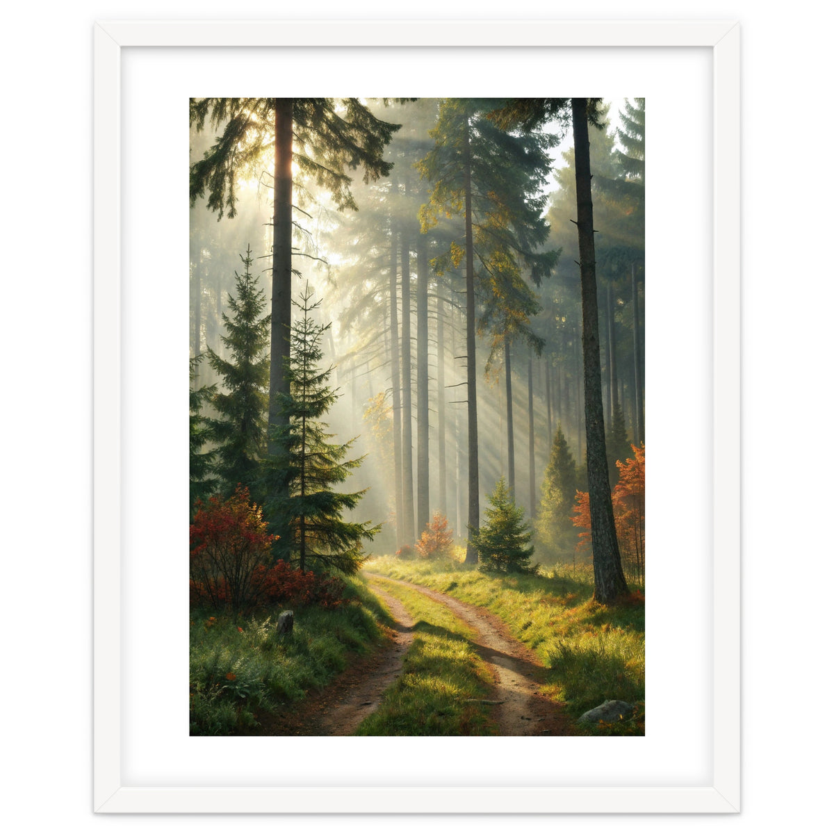 The Golden Path: Ethereal Sunbeams Piercing Through a Misty Evergreen Forest at Dawn
