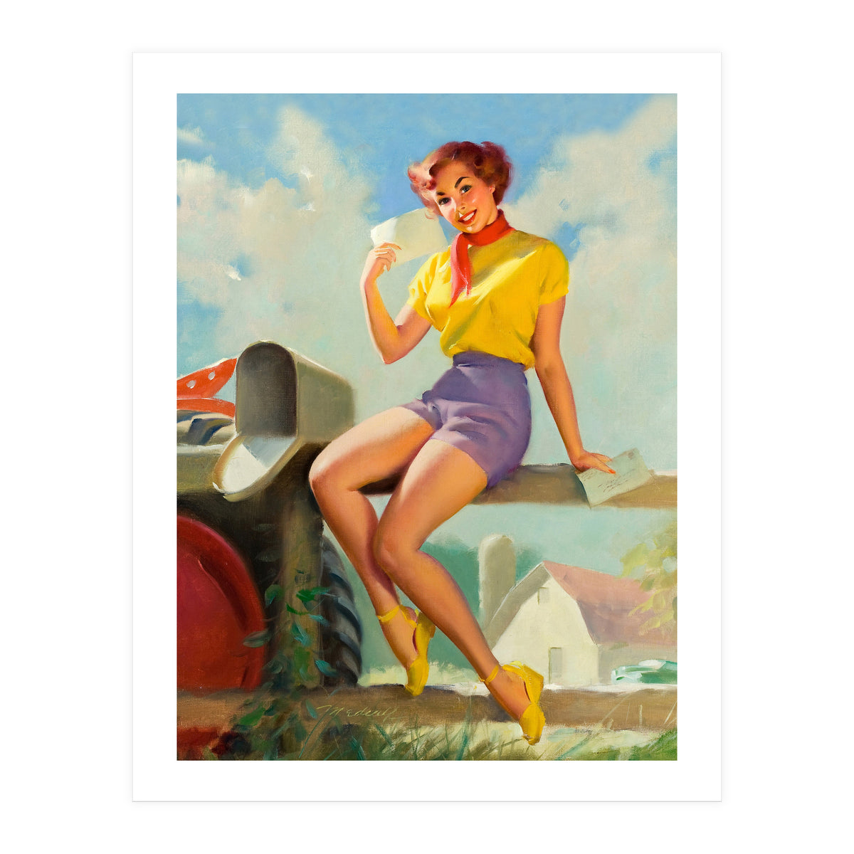 Pinup Girl On A Fence Showing A Love Letter (Print Only)