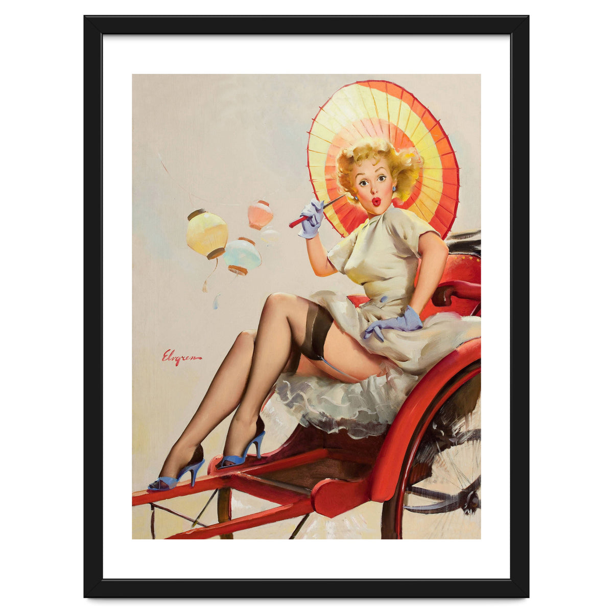 Pinup Girl In Rickshaw Experiencing Sudden Wind