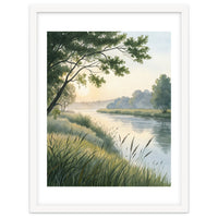 Serene River Sunrise Watercolor Painting with Meadow Grasses and Warm Golden Atmosphere Landscape