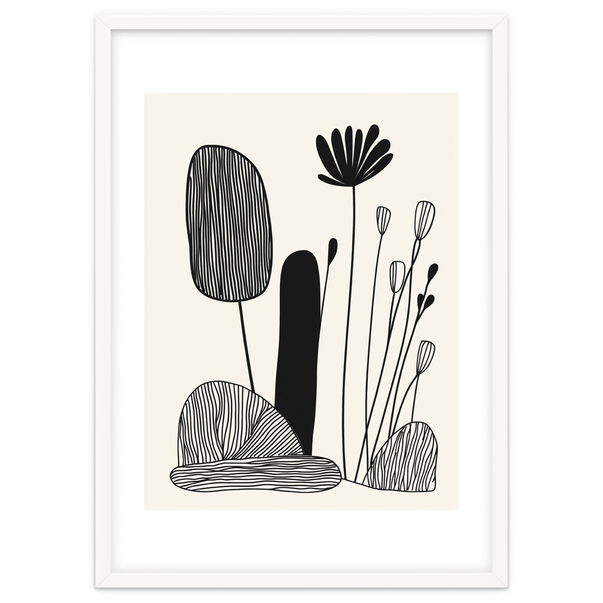 Abstract Black And White Botanical Illustration With Organic Shapes