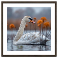 White Swan Swimming In A Lake With Reeds
