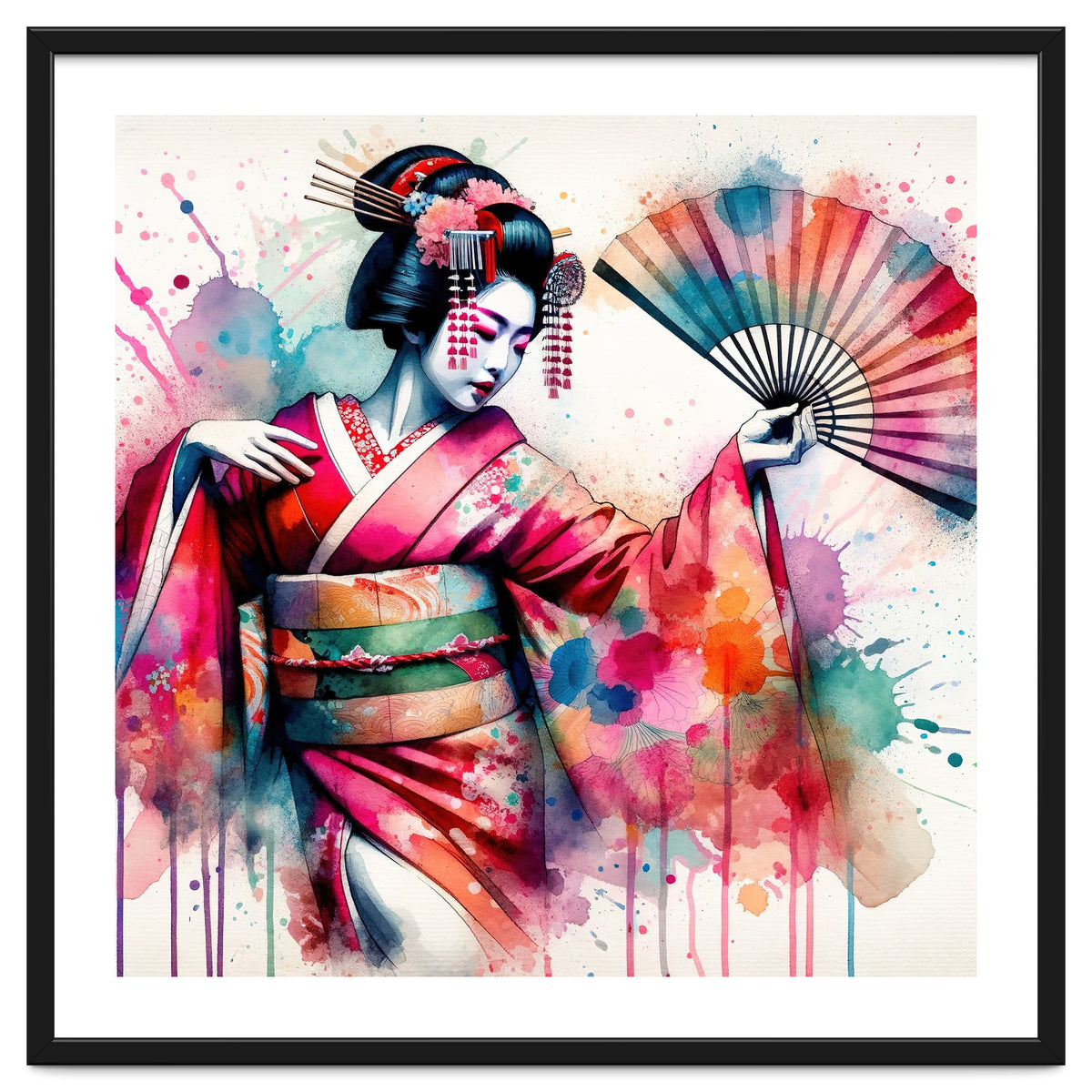 Vibrant Geisha With Rainbow Hand Fan