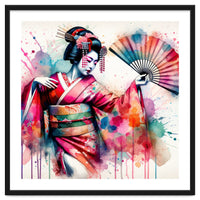 Vibrant Geisha With Rainbow Hand Fan