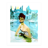 Pinup Girl In Cafe, Watercolor Painting (Print Only) thumbnail