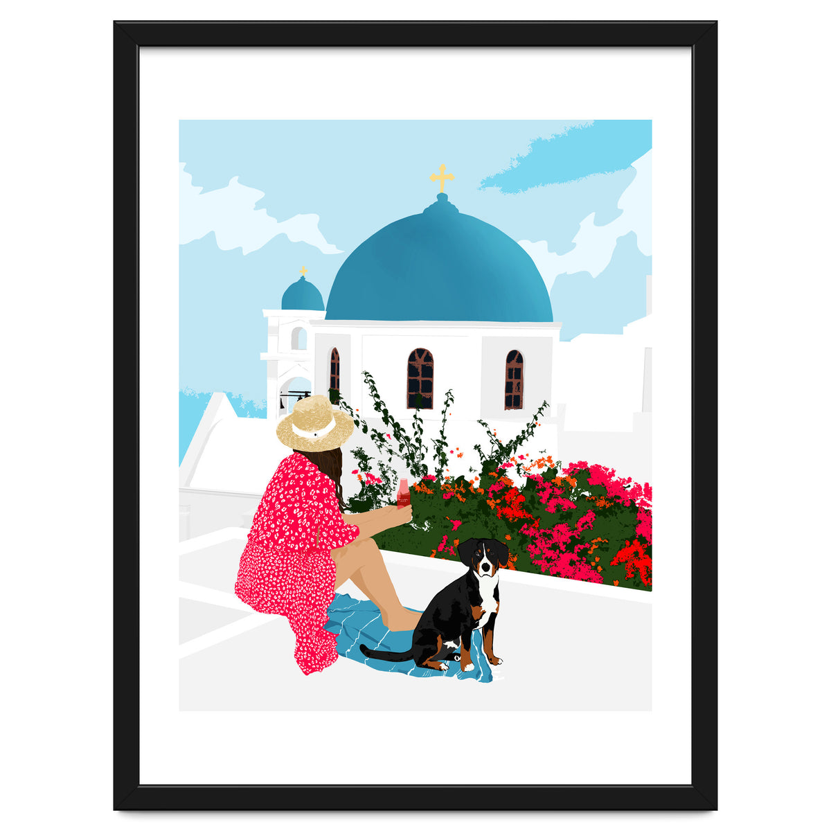 Greek Staycation, Pets Santorini Tropical Summer Travel, Dog White Buildings Architecture Fashion Bohemian