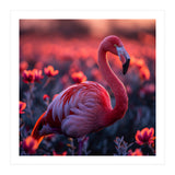 Pink Flamingo Bird Standing Among Flowers At Sunset (Print Only) thumbnail