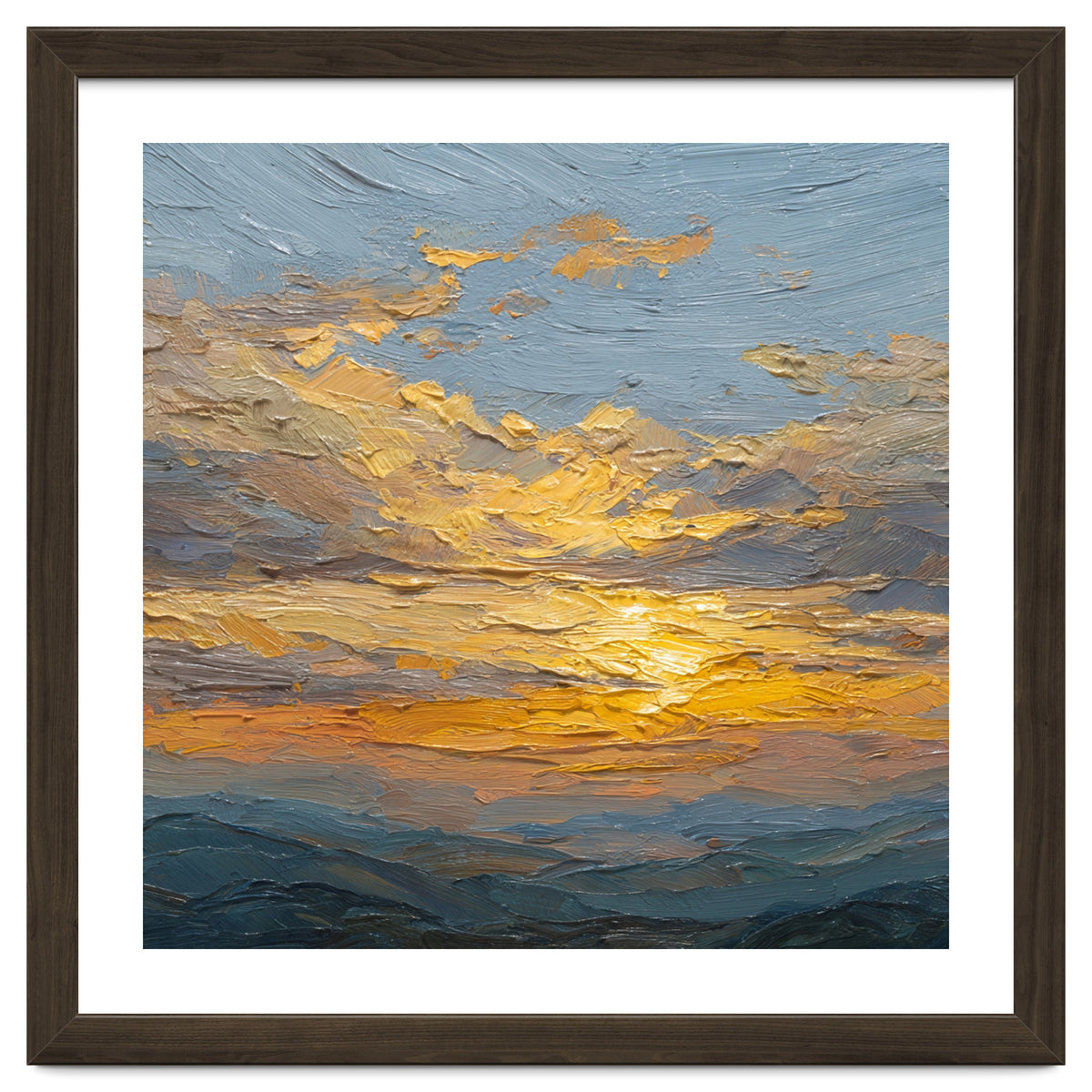 Atmospheric Golden Sunset Impasto Oil Painting Featuring Textured Clouds