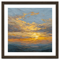 Atmospheric Golden Sunset Impasto Oil Painting Featuring Textured Clouds