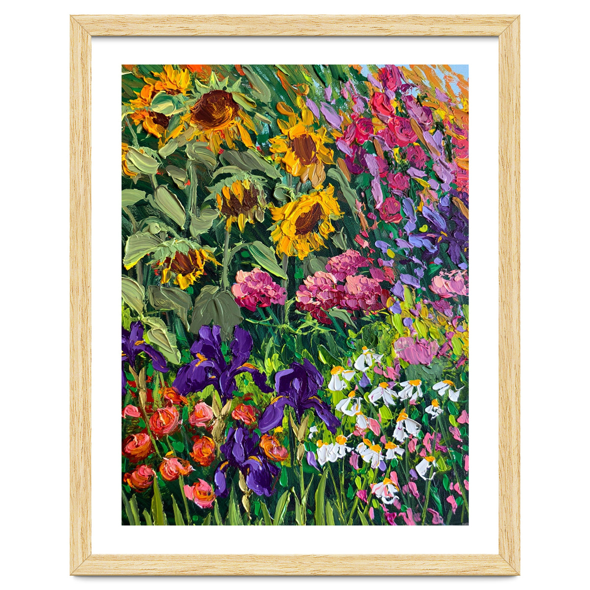 Vibrant Summer Sunflower and Iris Meadow Oil Painting