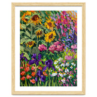 Vibrant Summer Sunflower and Iris Meadow Oil Painting