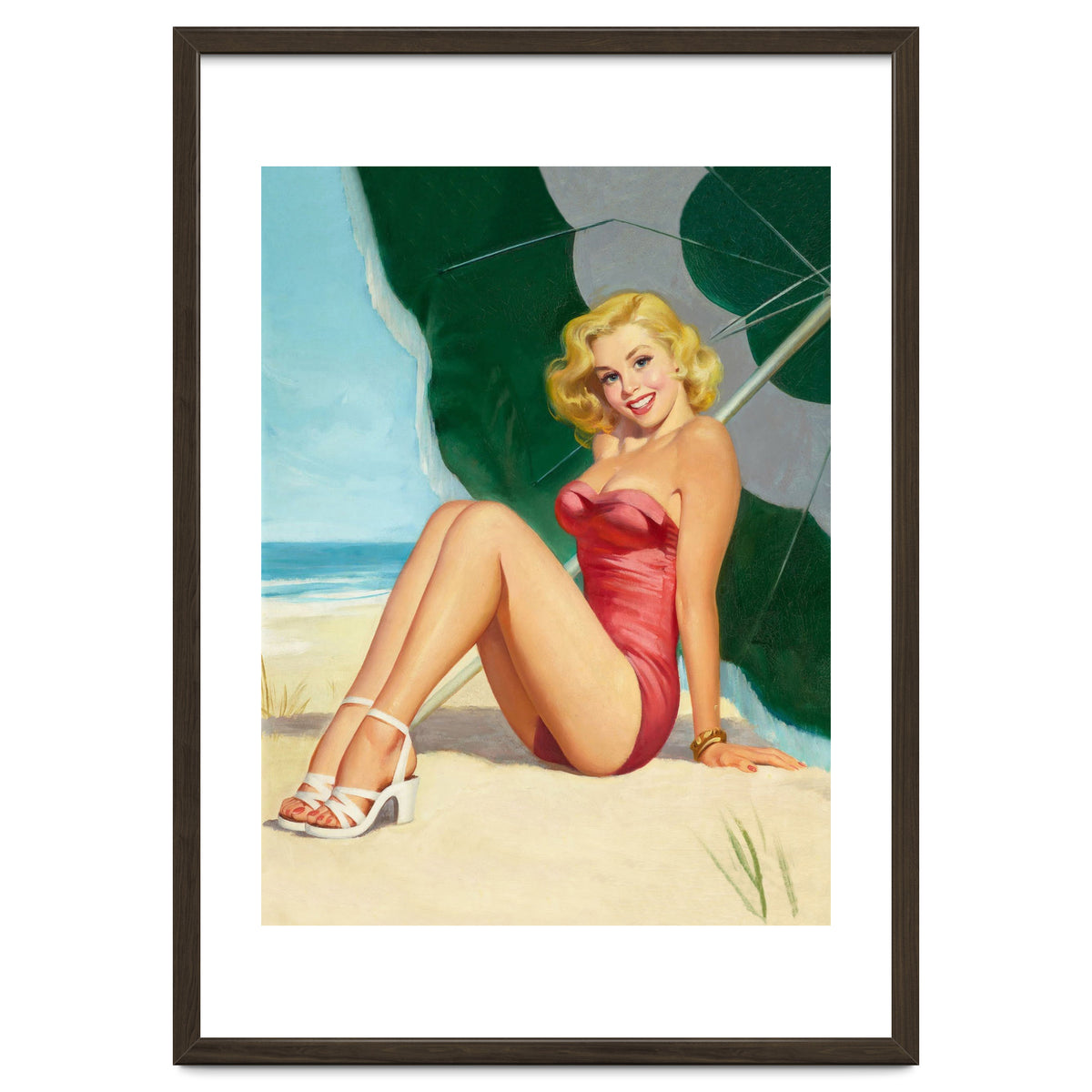 Sexy Pinup Girl On The Beach Under Big Sunshade