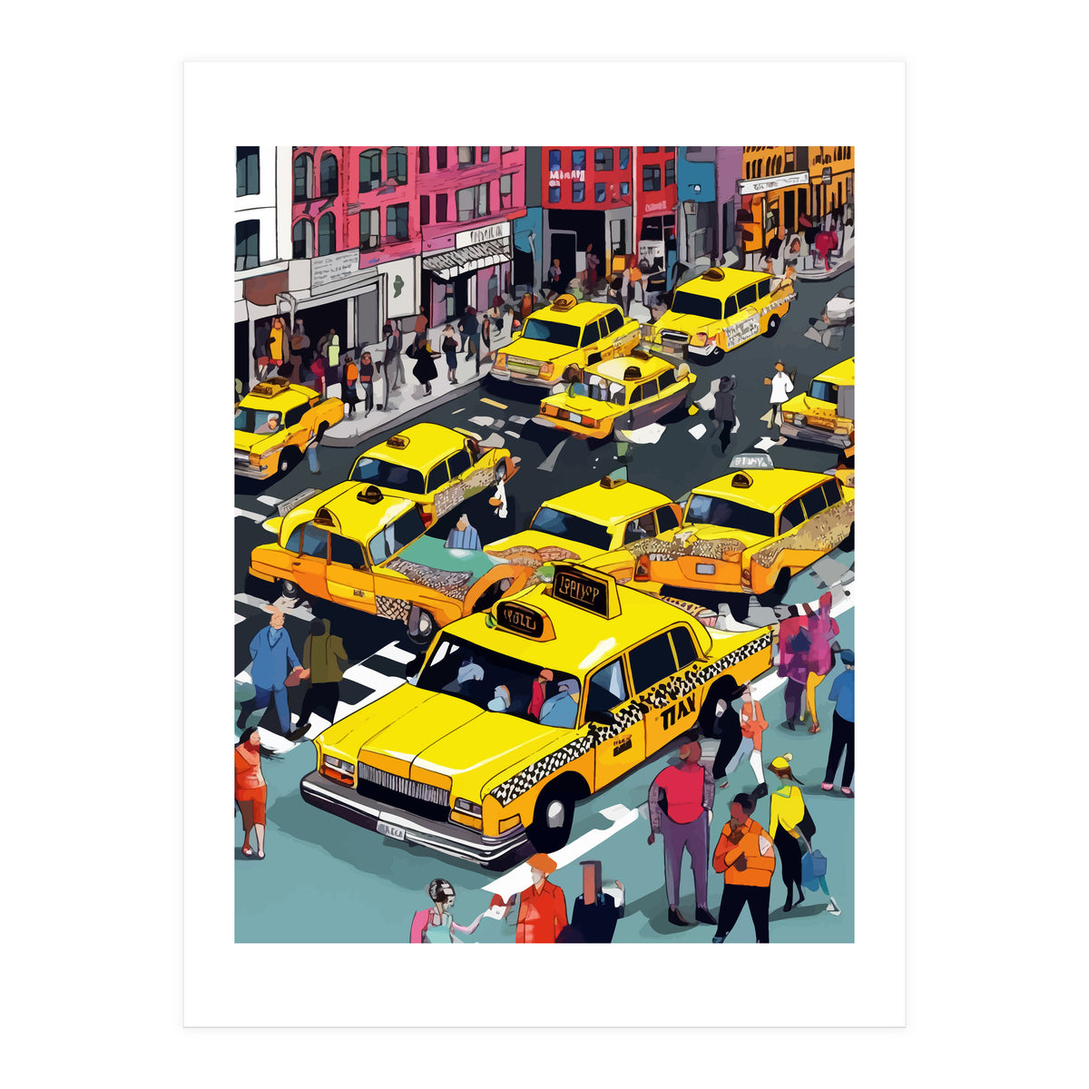 New York Minute, Yellow Taxi Cab Manhattan Downtown Busy Street, Traffic People Buildings Times Square Eclectic Road Architecture (Print Only)