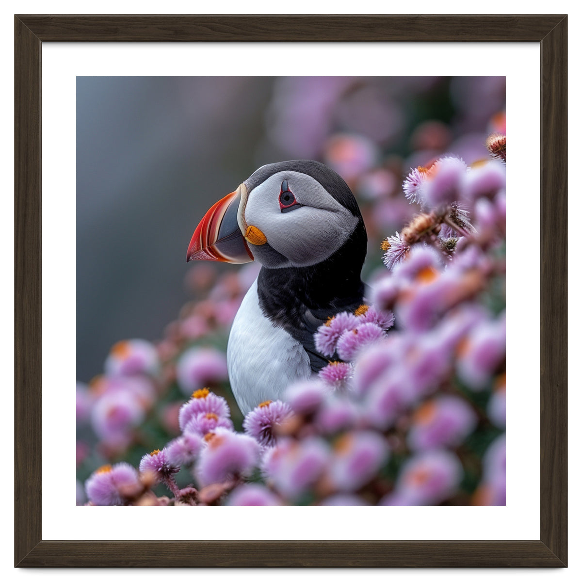 Atlantic Puffin Amidst Pink Heather Flowers