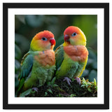 Lovebirds Perched Together On Mossy Branch thumbnail