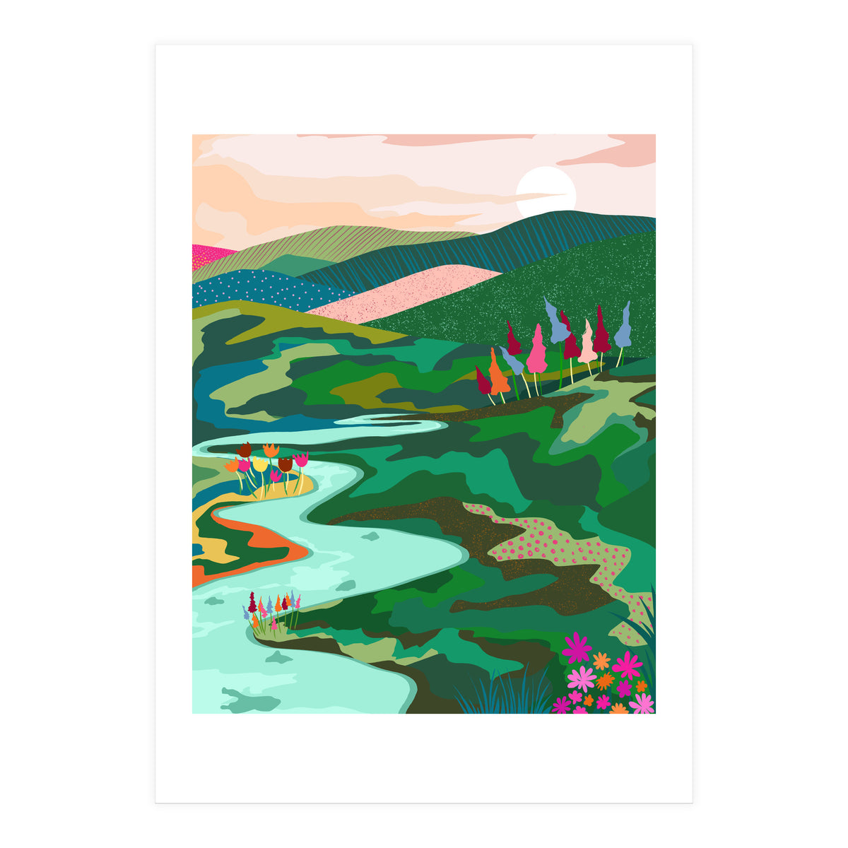 Endless Love, Bohemian Nature Landscape Scenic Meadow, Eclectic Colorful Travel Forest Mountains Sunset (Print Only)