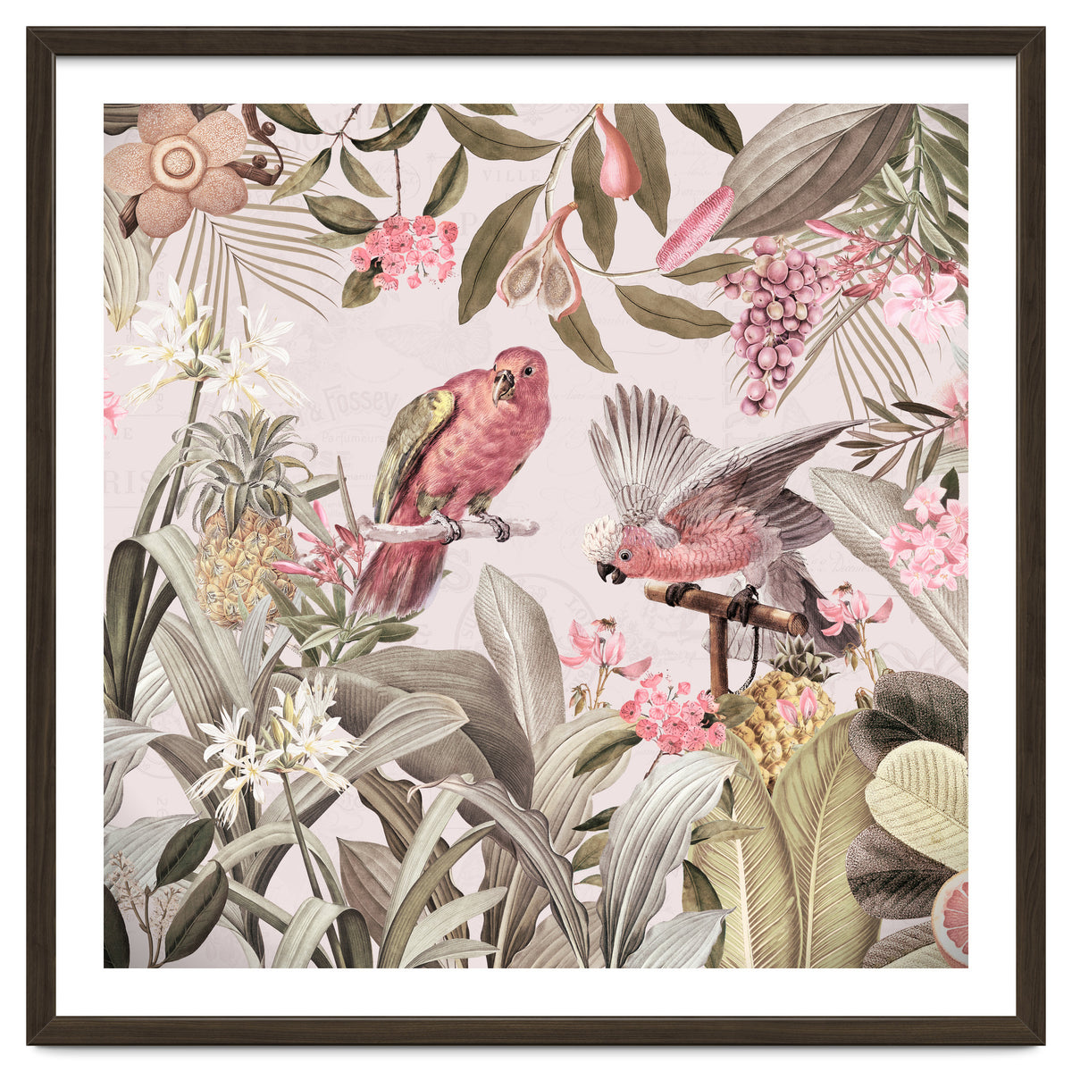 Colorful Parrots In Flower And Fruit Tropical Jungle