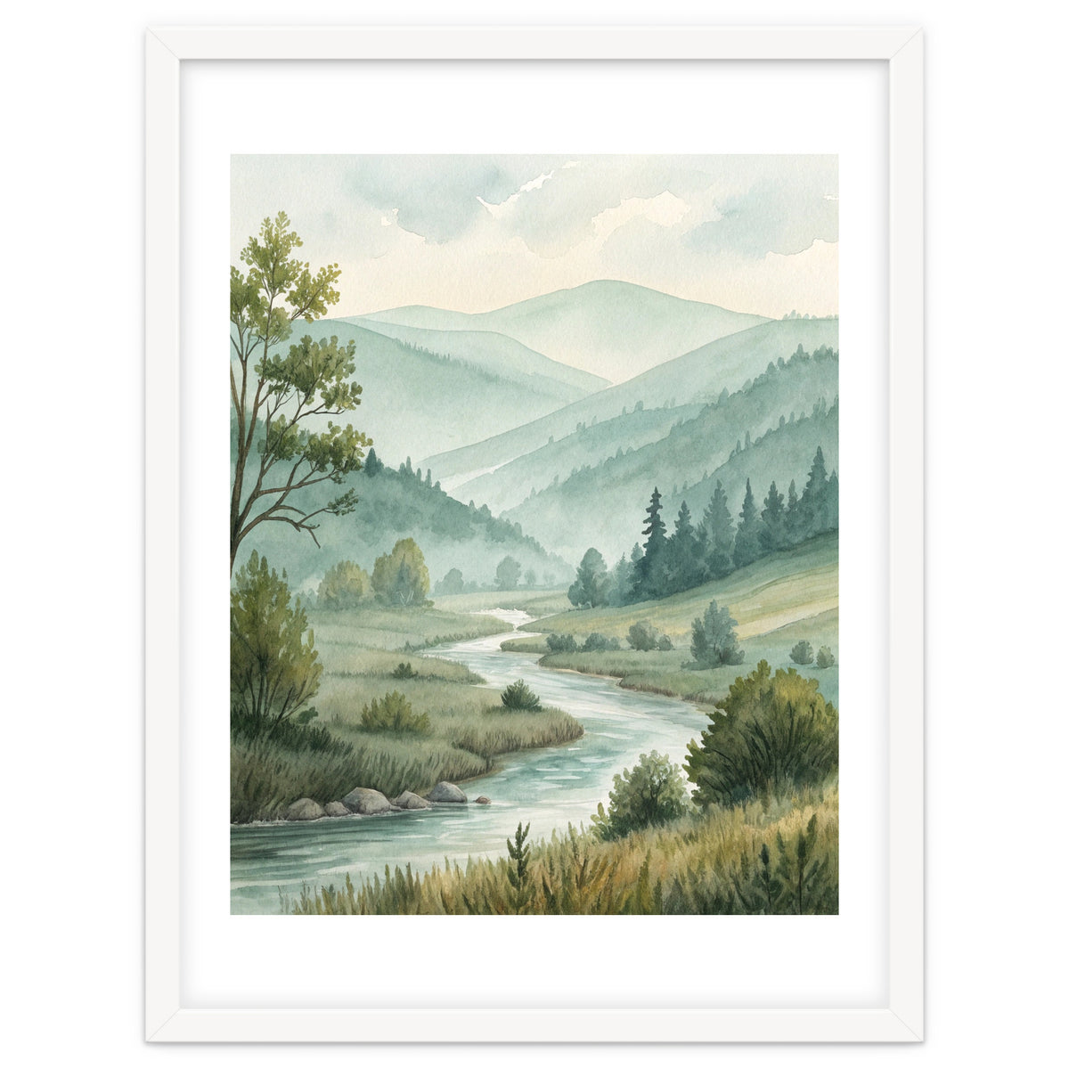Serene River Valley in Soft Watercolor