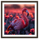 Pink Flamingo Bird Standing Among Flowers At Sunset thumbnail