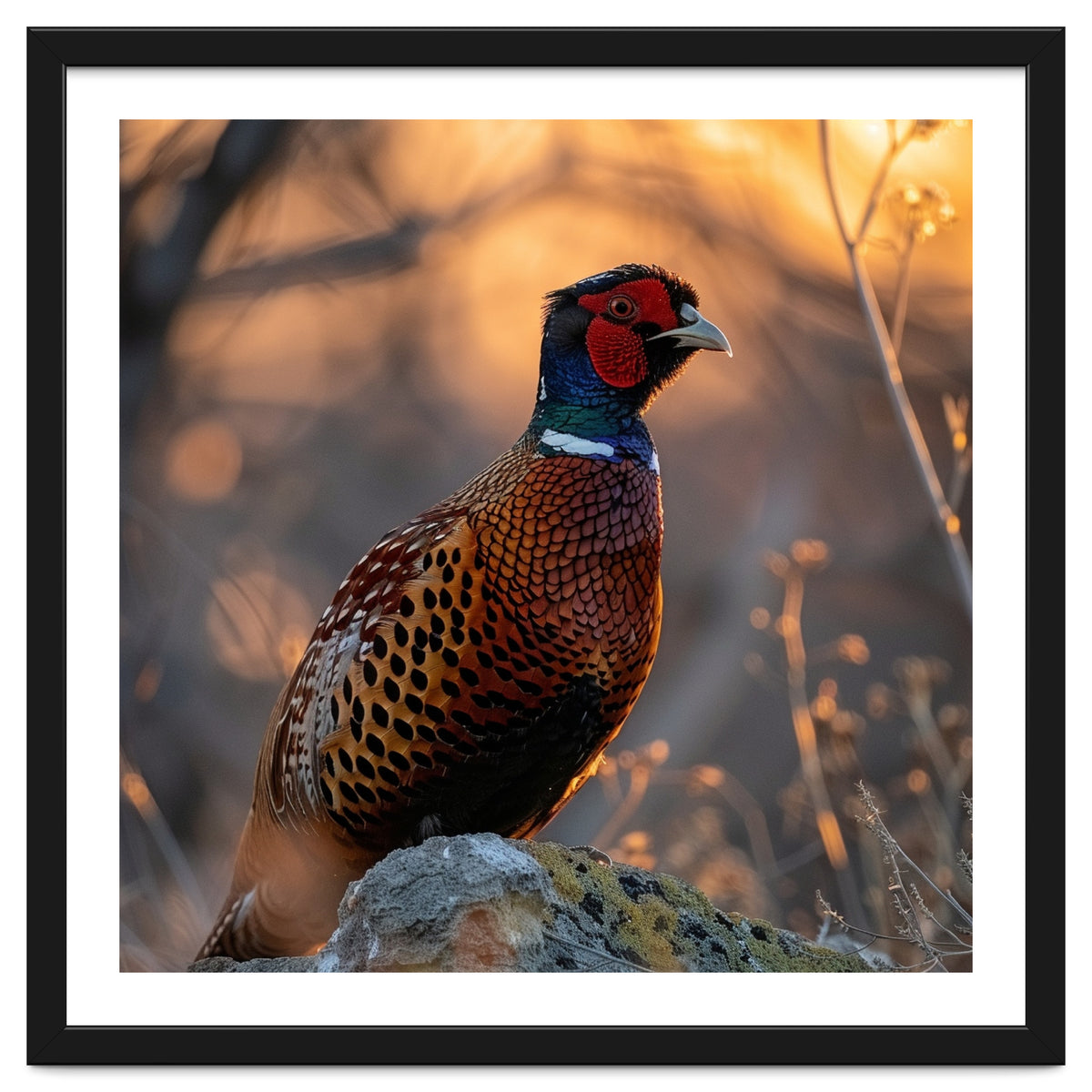Pheasant Bird Standing On Rock Sunrise Light