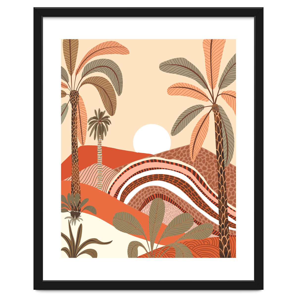 Epiphany, Pastel Rustic Sunrise Sunset, Bohemian Nature Landscape Illustration, Mountains Adventure Palm Trees