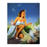 Beautiful Pinup Girl Feeding White Pigeons (Print Only) thumbnail