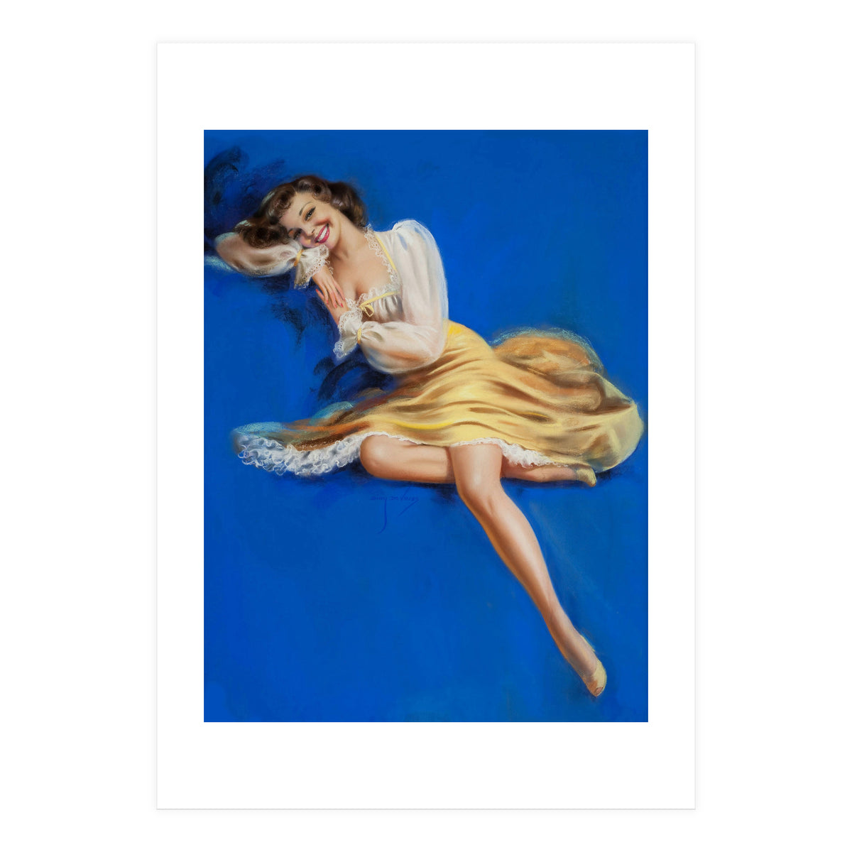 Pinup Girl Posing In Studio Over The Blue Background (Print Only)