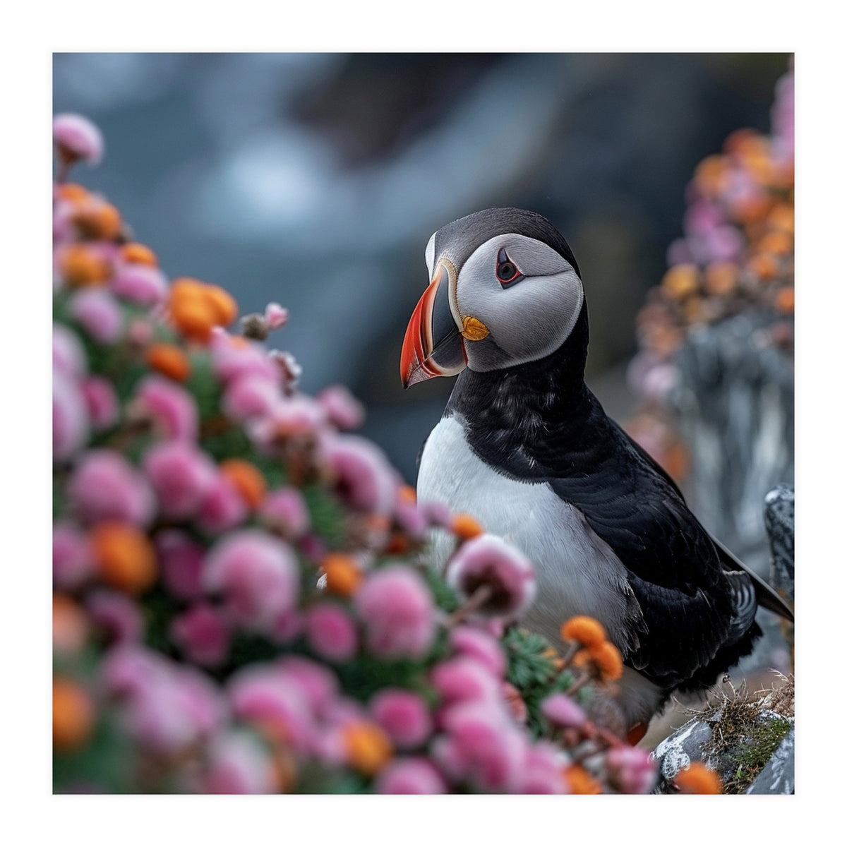 Puffin Bird Among Colorful Wildflowers In Bloom (Print Only)