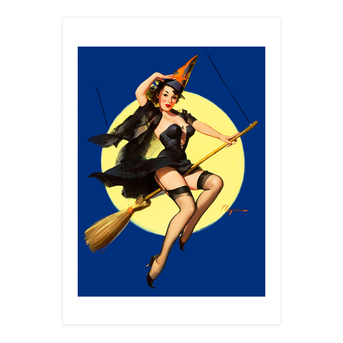 Pinup Sexy Witch Posing On A Broom (Print Only)
