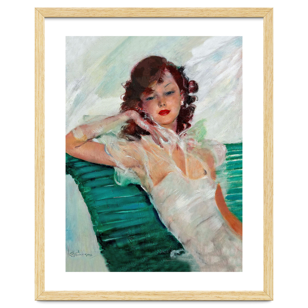 Girl Is Resting On A Green Bench, Watercolor Painting