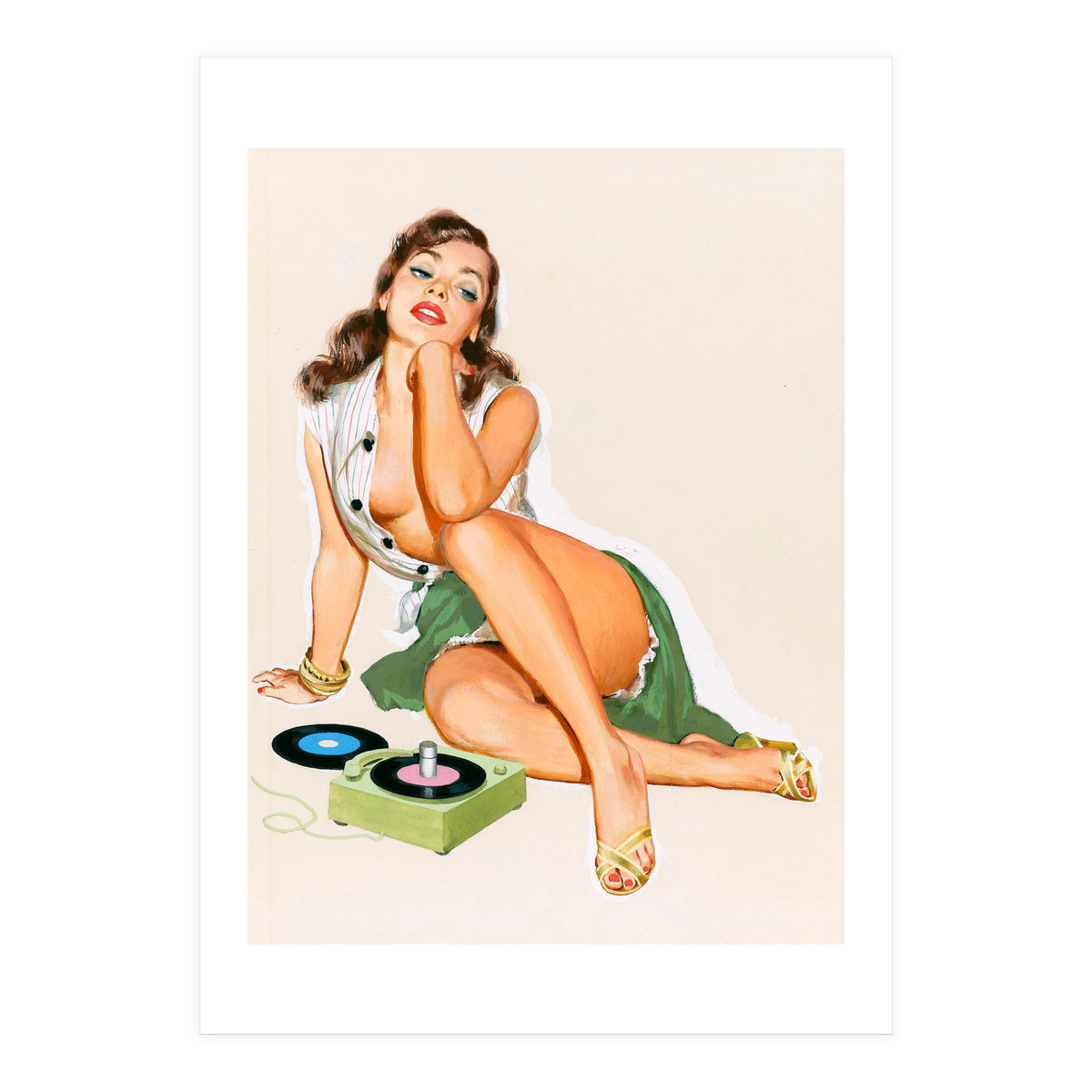 Sexy Pinup Woman Posing With Record Player (Print Only)
