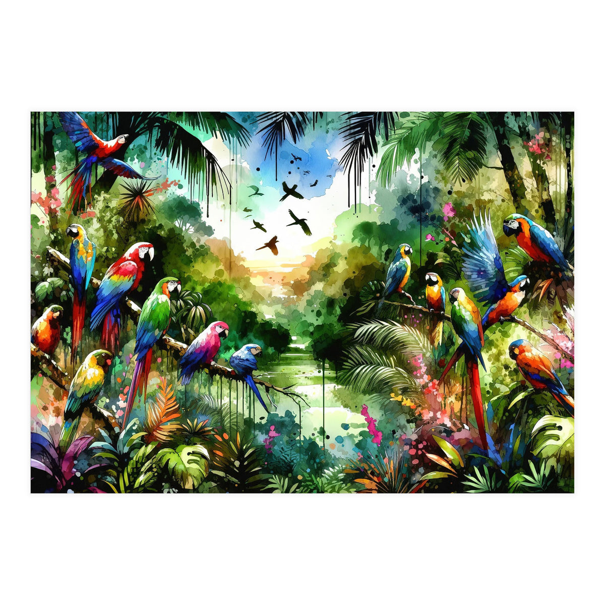 Watercolor Tropical Birds In The Jungle (Print Only)