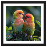 Lovebirds Pair Perched On Mossy Branch Outdoors thumbnail