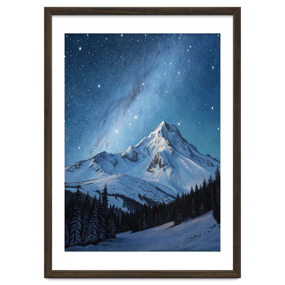 Majestic Snow-Capped Mountain Peak Under a Brilliant Starry Night Sky