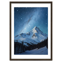 Majestic Snow-Capped Mountain Peak Under a Brilliant Starry Night Sky