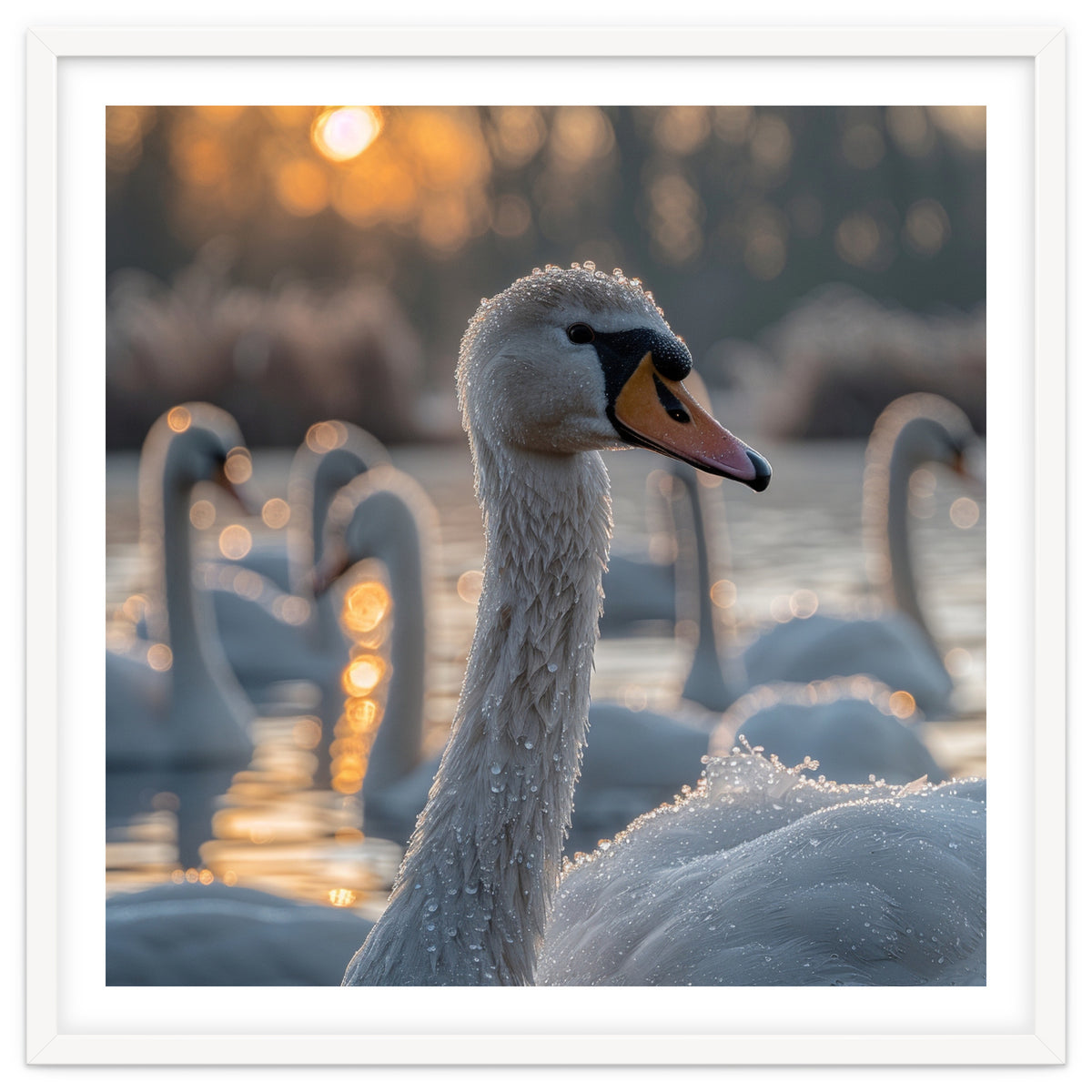 Close Up Of Swan With Water Droplets At Sunrise