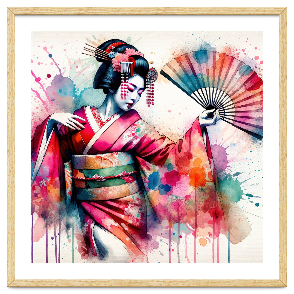 Vibrant Geisha With Rainbow Hand Fan