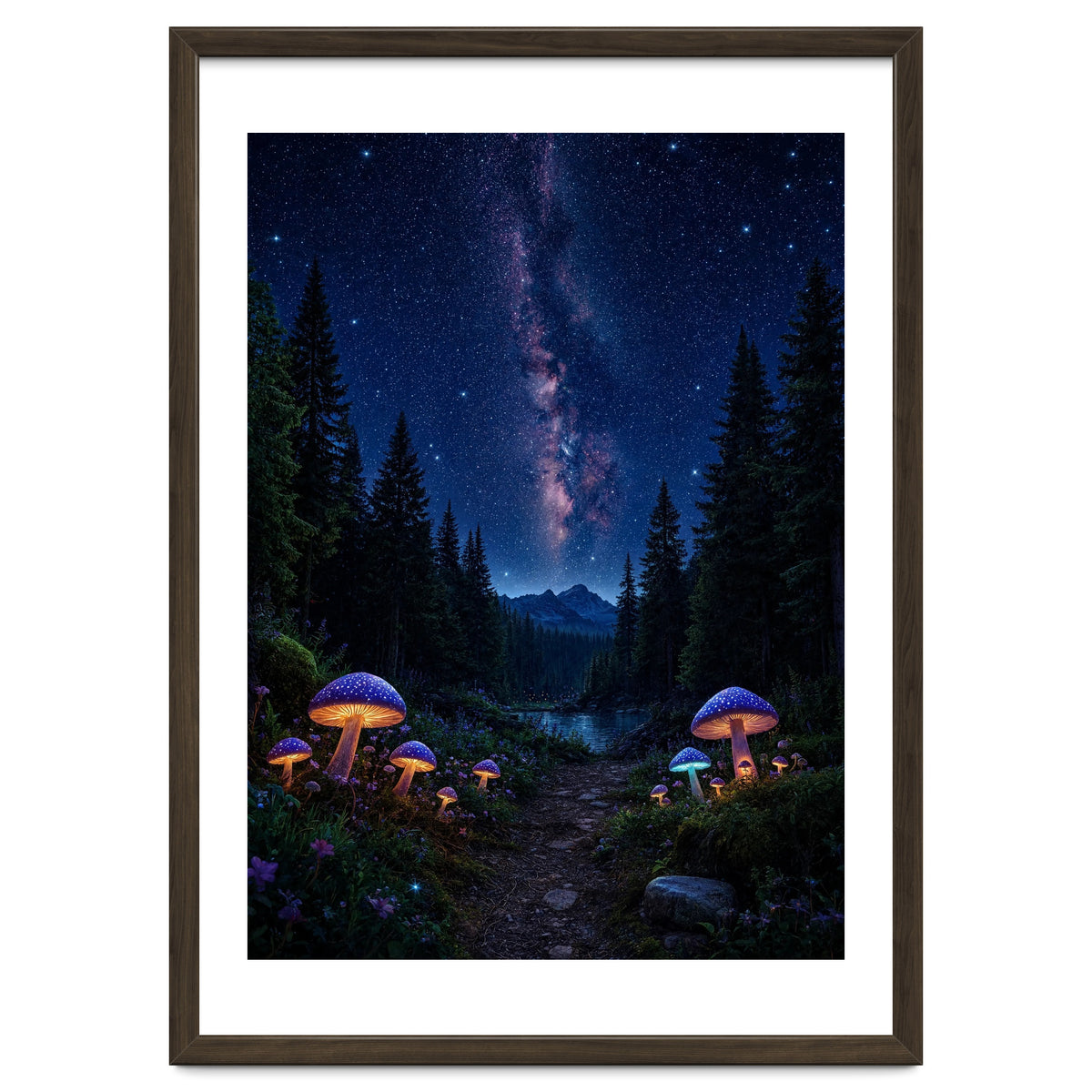 Enchanted Midnight Forest: Glowing Mushrooms and Milky Way