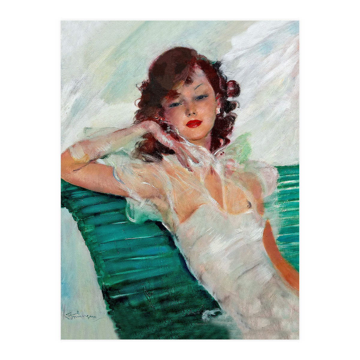 Girl Is Resting On A Green Bench, Watercolor Painting (Print Only)