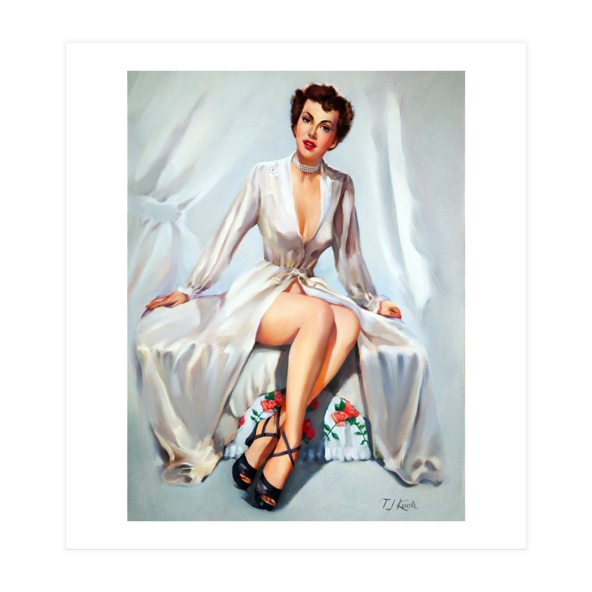 Beautiful Sexy Pinup In Posing Long White Dress (Print Only)
