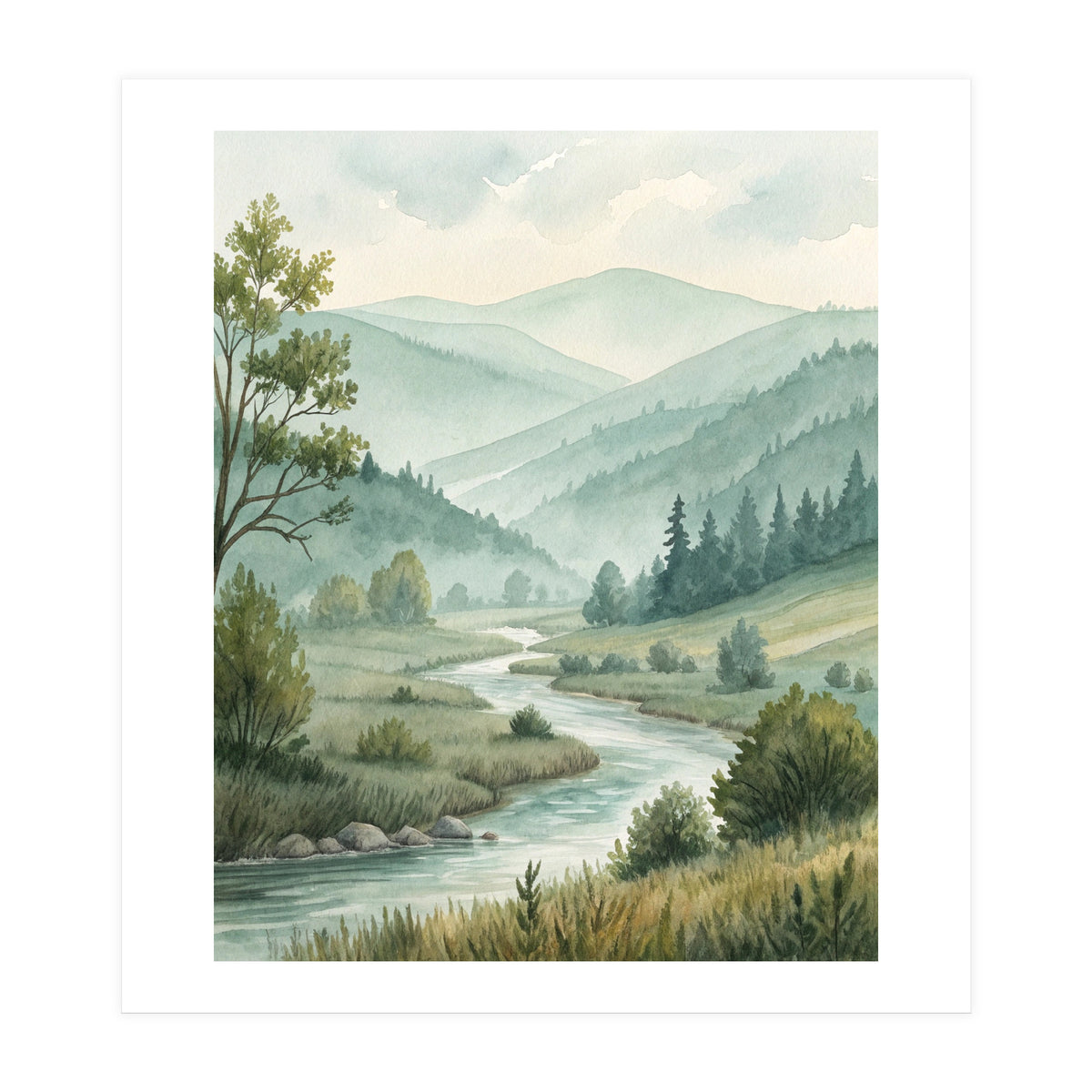 Serene River Valley in Soft Watercolor (Print Only)