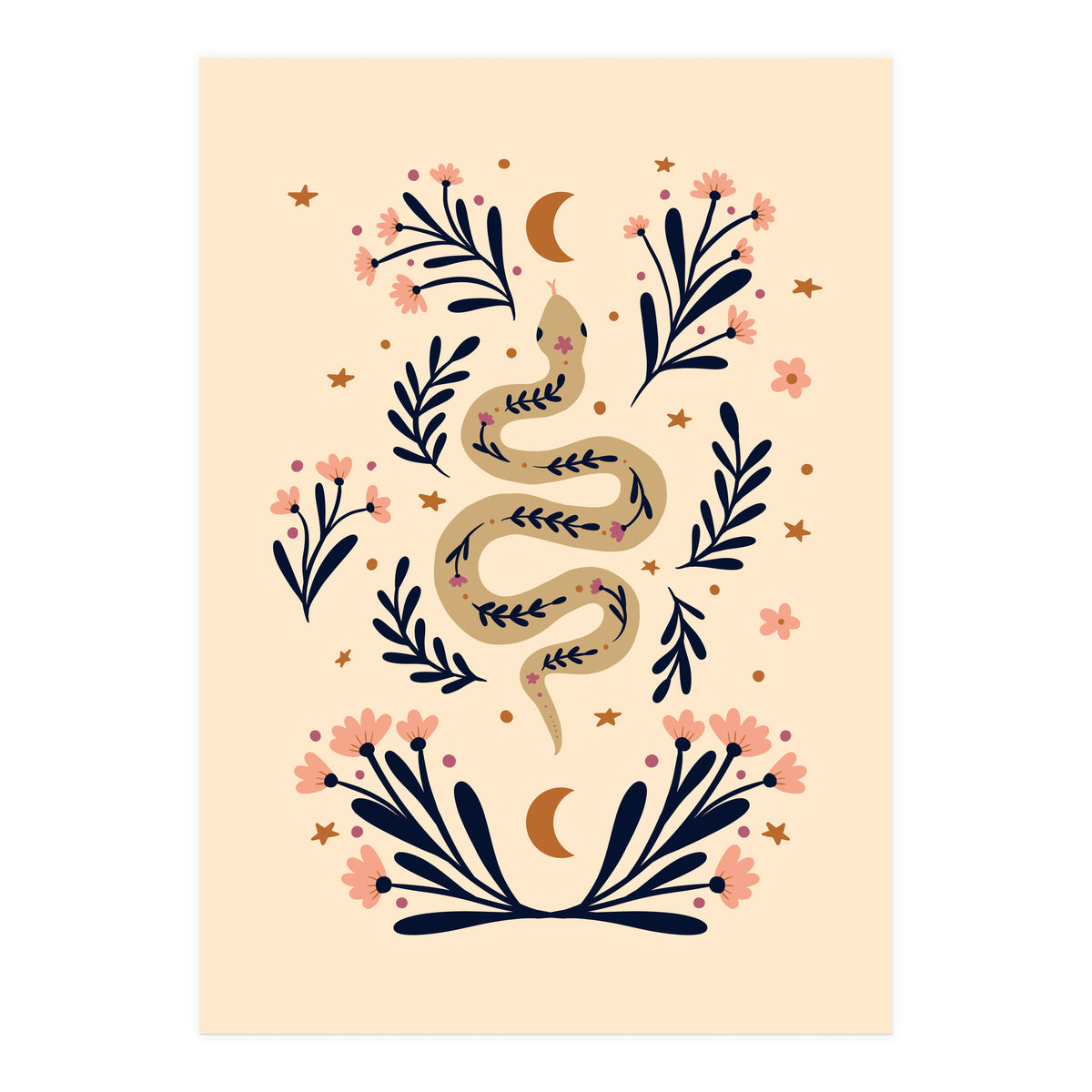 Snake And Flowers Beige And Indigo (Print Only)