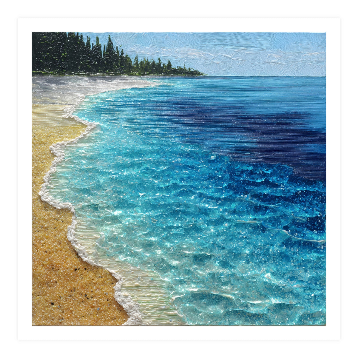 Sun-Drenched Coastal Shoreline with Textured Impasto Waves (Print Only)